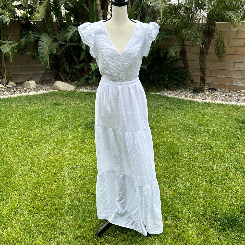 Express White Tiered Maxi Dress Flutter Sleeves